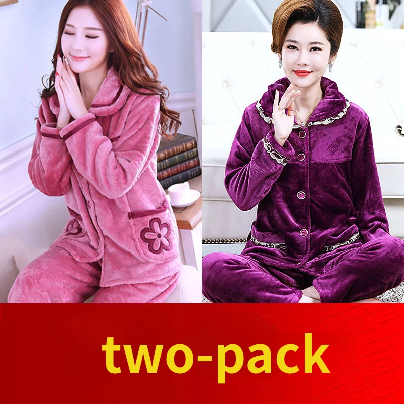 

Two Sets Pajamas Women Winter Padded Thickened Facecloth Large Size Mom Middle-aged and Elderly Home Wear Suit Sexy Sleepwear