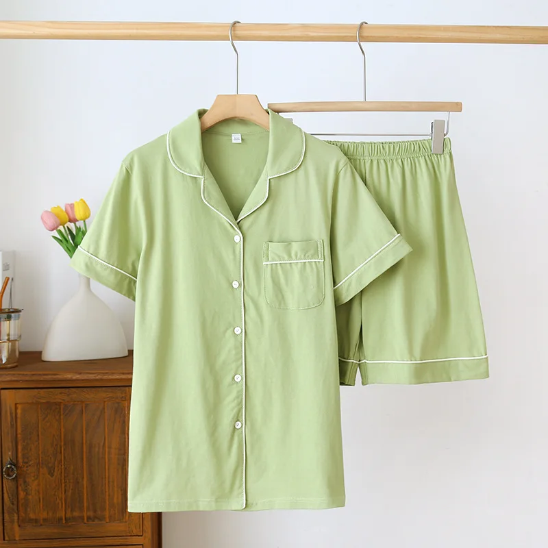 Summer Women's Pajama Set Knitted Cotton Short Sleeve Shorts Two Piece Cardigan Solid Color Casual Large Homewear women pajamas set,women pajama suit,cotton pajamas set
