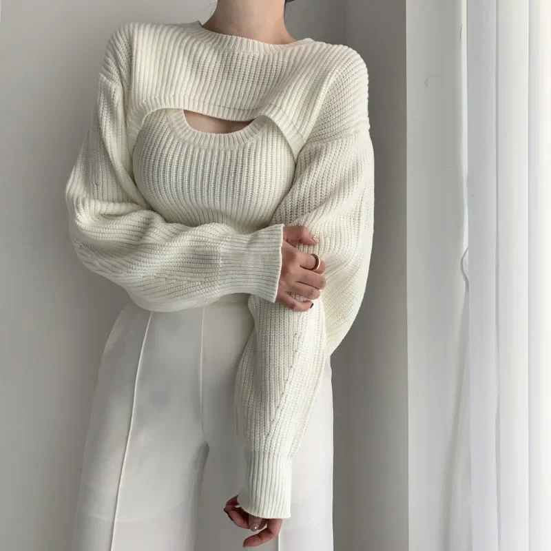 Autumn and Winter New Fashion Women's Clothing Two-piece Set Elegant Long-sleeved Sweater Sexy Vest Lady's Knitted Pullovers