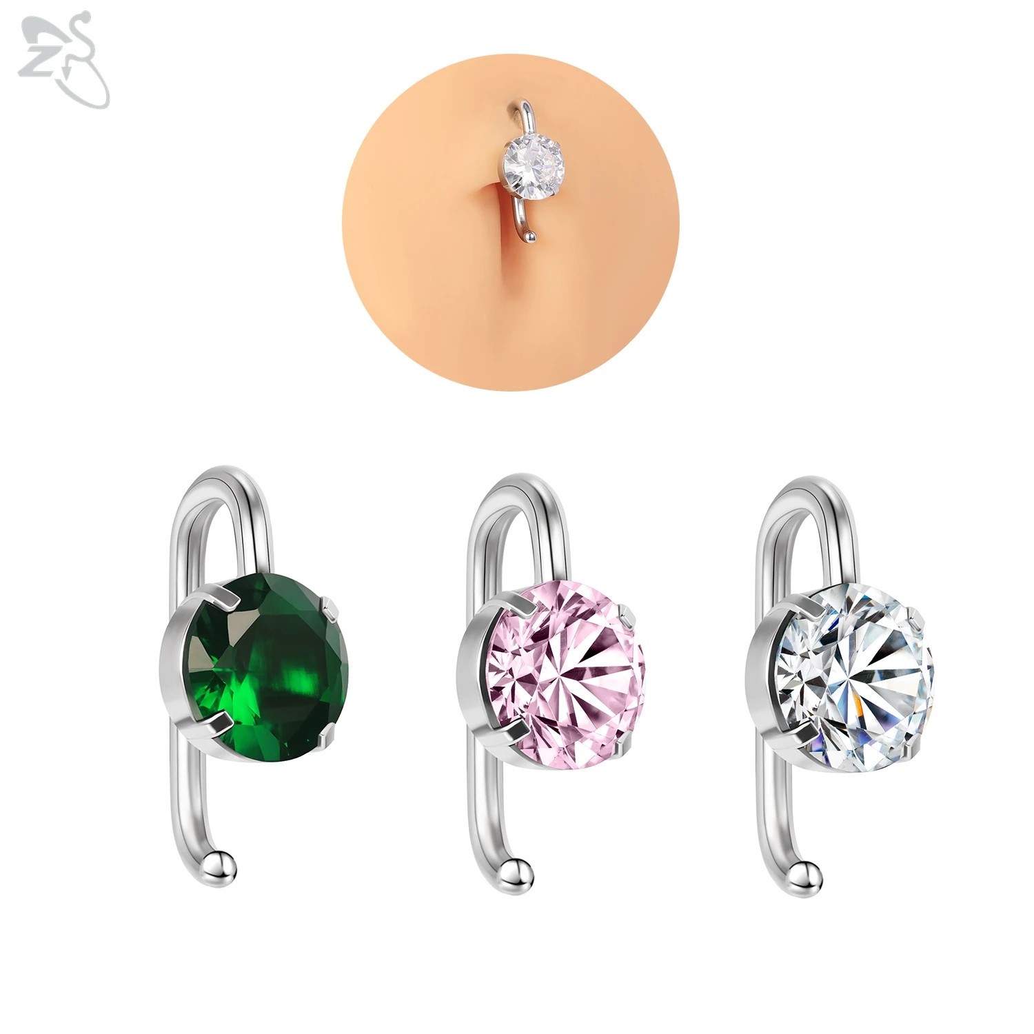 

AOEDEJ 1 PC 14G Stainless Steel Belly Rings 8MM Pink Clear Round CZ Crystal Belly Button Ring Sexy Hook Navel Piercing Jewelry