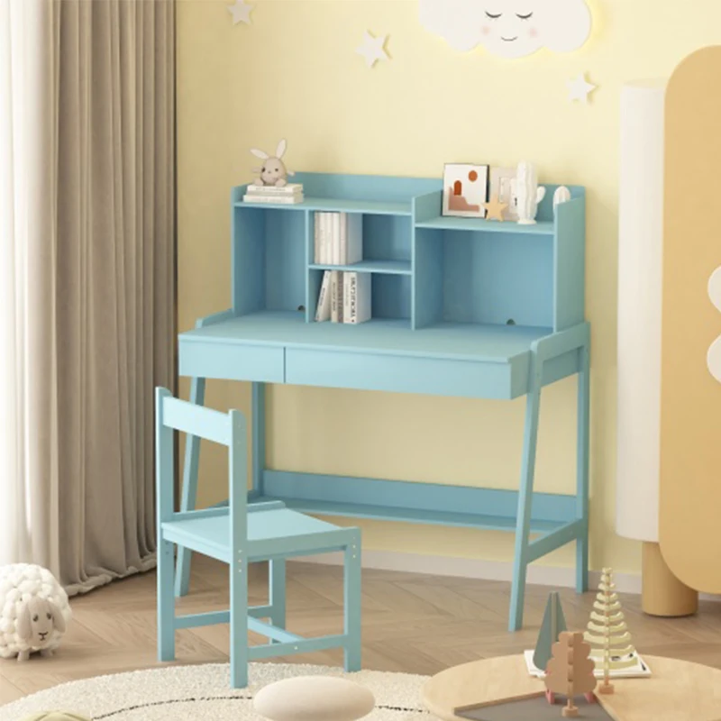 Modern classic desk, children's desk, solid wood bedroom boy and girl family desk and chair set, Blue
