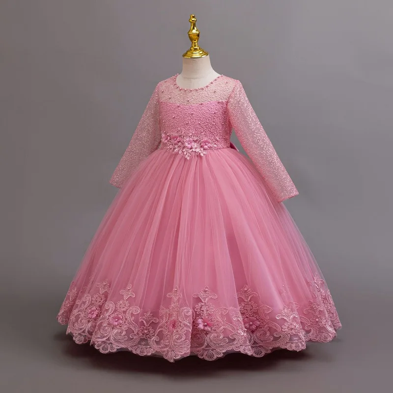 Children's Embroidered Party Evening Dress 3-12 Years Old Lace Long Sleeve White Wedding Long Princess Dress for Girls 5