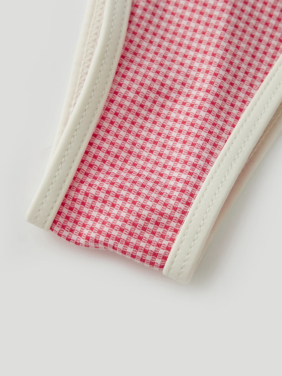 Women s Plaid Print Ruffle Sleeve Bikini Set with Padded Bra and Thong Bottoms for Beach or Pool Party Wear