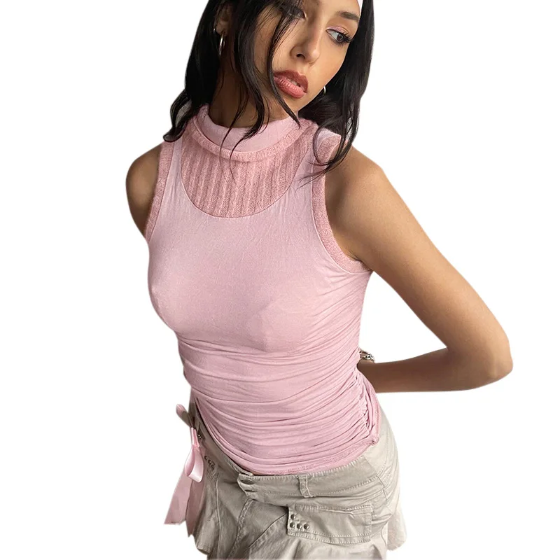 

European And American Women's Autumn New High Neck Rib Panel Sleeveless Pleated Tank Top T-shirt