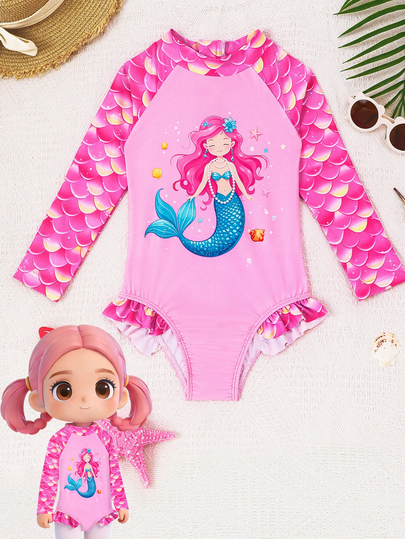Einteiliger Badeanzug für Mädchen, langärmelig, hawaiianischer Badeanzug, schöne Cartoon-Meerjungfrau-Badebekleidung, Strand-Badeshirts zum Surfen