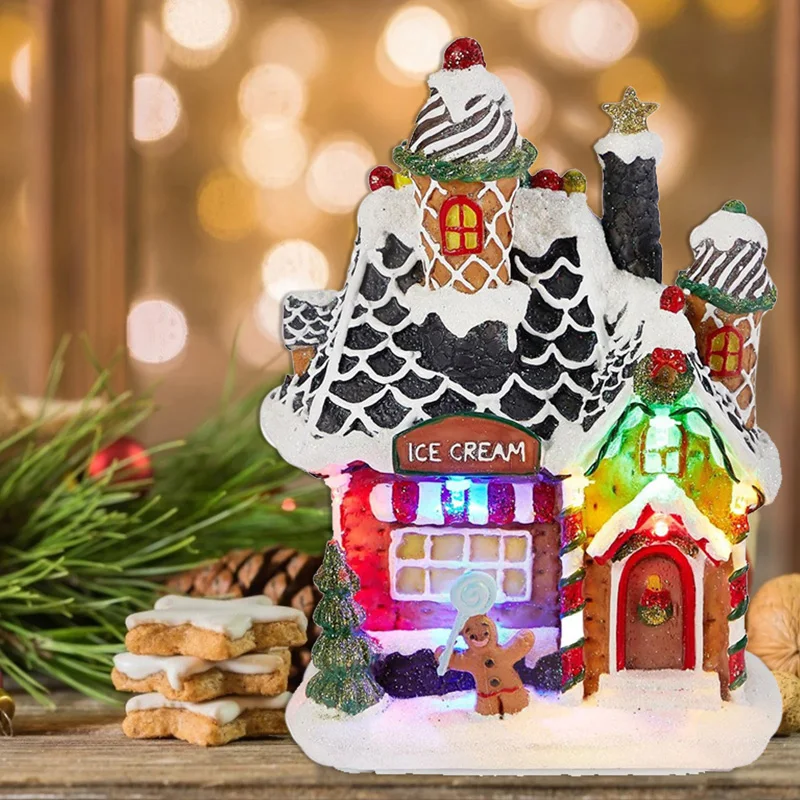 LED-Licht Weihnachten Lebkuchen Dorfhaus Eis Sammlerstück Gebäude Figuren Home Indoor Kamin Dekor Urlaub Geschenk