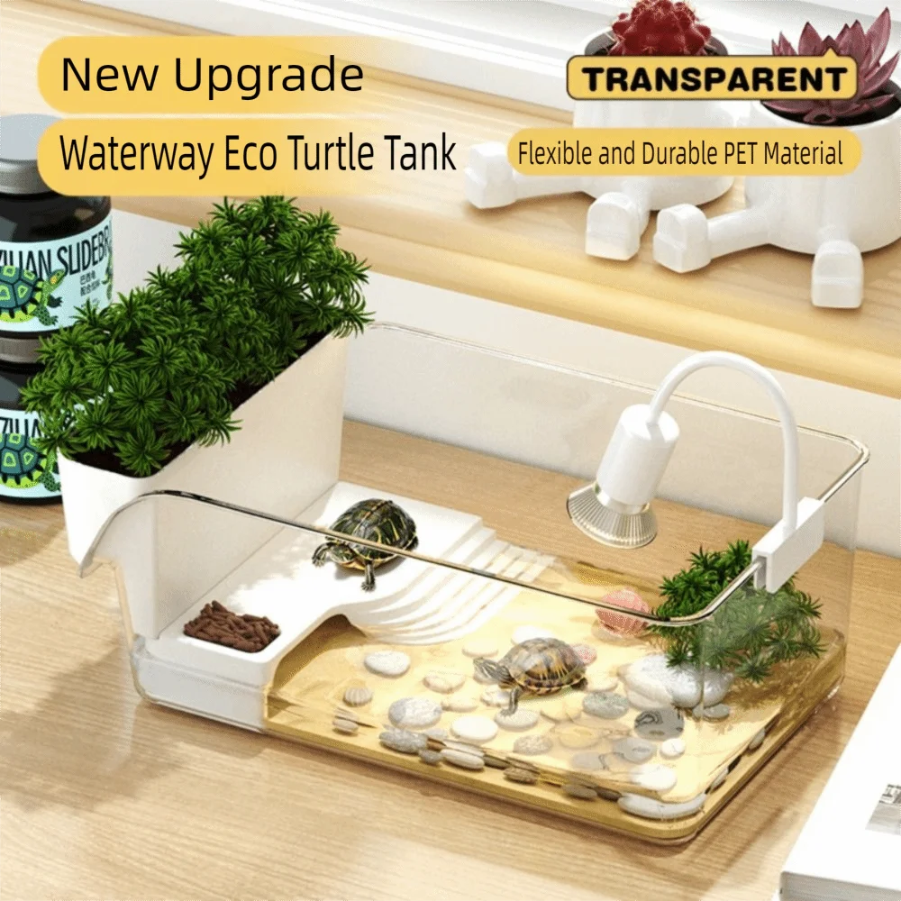 Clear Turtle Habitat with Basking Platform and Natural Landscaping