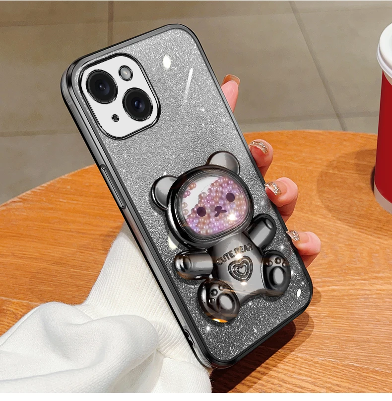 Coque de téléphone avec support à paillettes, ours mouvant, étui pour iPhone 15 14 12 13 11 Pro Mini 13pro X Xr Xs Max 7 8 6 Plus_voghion.com