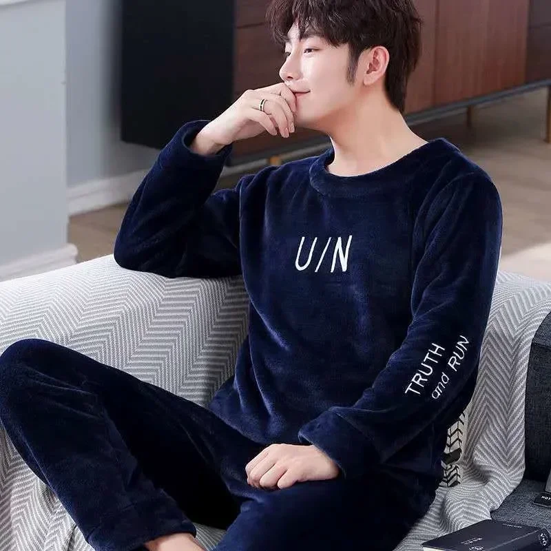 

Flannel For Sleeve Lounge Sleepwear Nightwear Sets Cartoon Thickened Winter Men Set Coral Warm Fleece Long Pajamas Men's