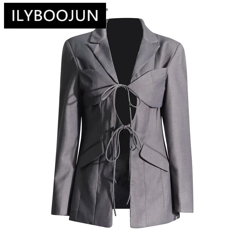 

ILYBOOJUN Sexy Hollow Out Spliced Lace Up Blazer For Women Notched Collar Long Sleeve Patchwork Pocket Chic Blazer Female New
