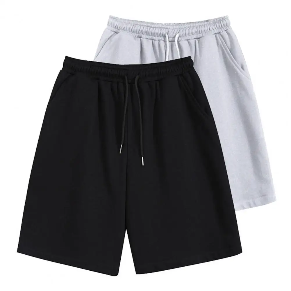 

Mid-Rise Elastic Waistband Drawstring Men Shorts Pockets Wide Leg Knee Length Solid Color Loose Fitness Running Shorts Sportwear