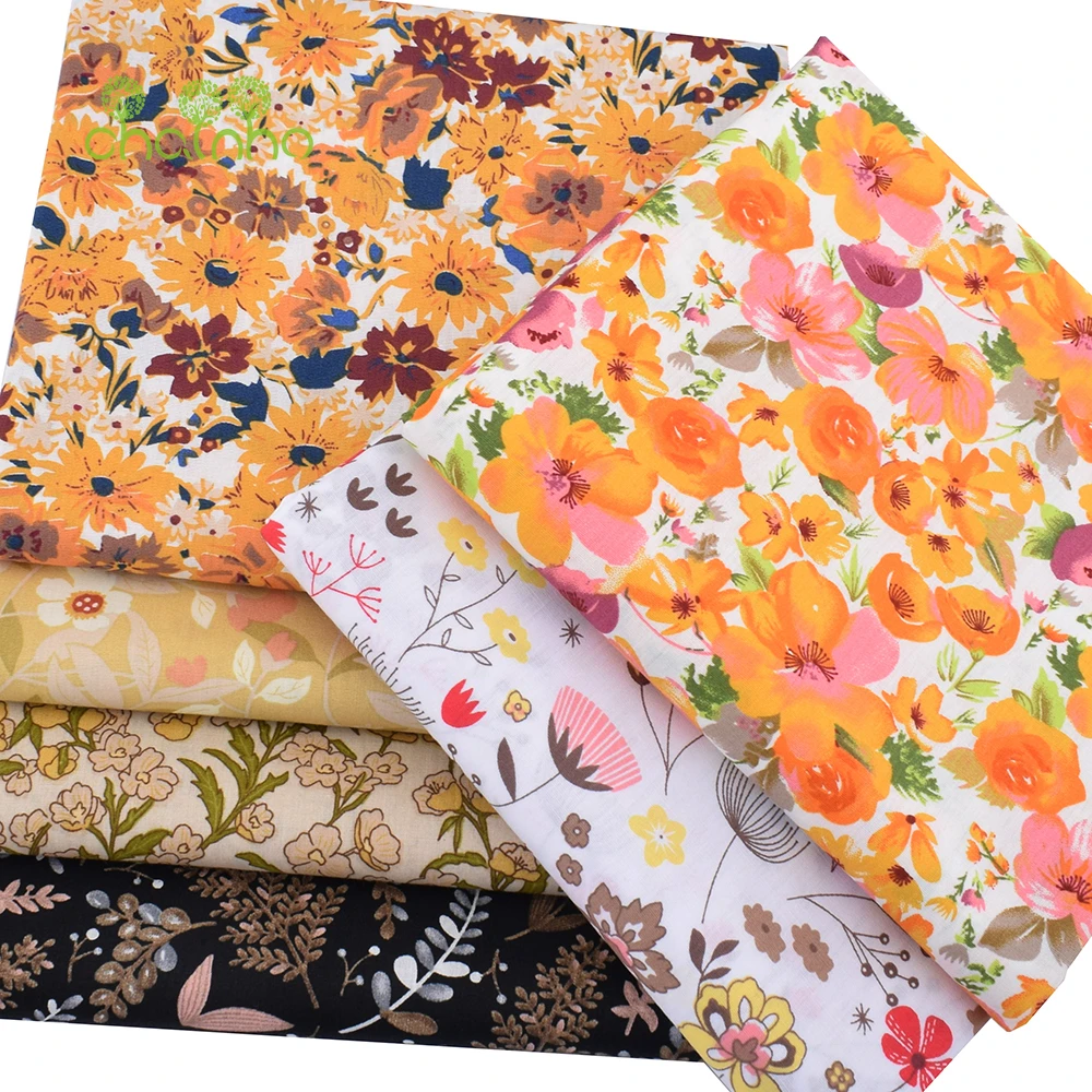 Chainho,Printed Plain Weave Poplin Cotton Fabric,Patchwork Cloth,DIY Quilting Sewing Material,Floral Series,3Sizes,15PC25