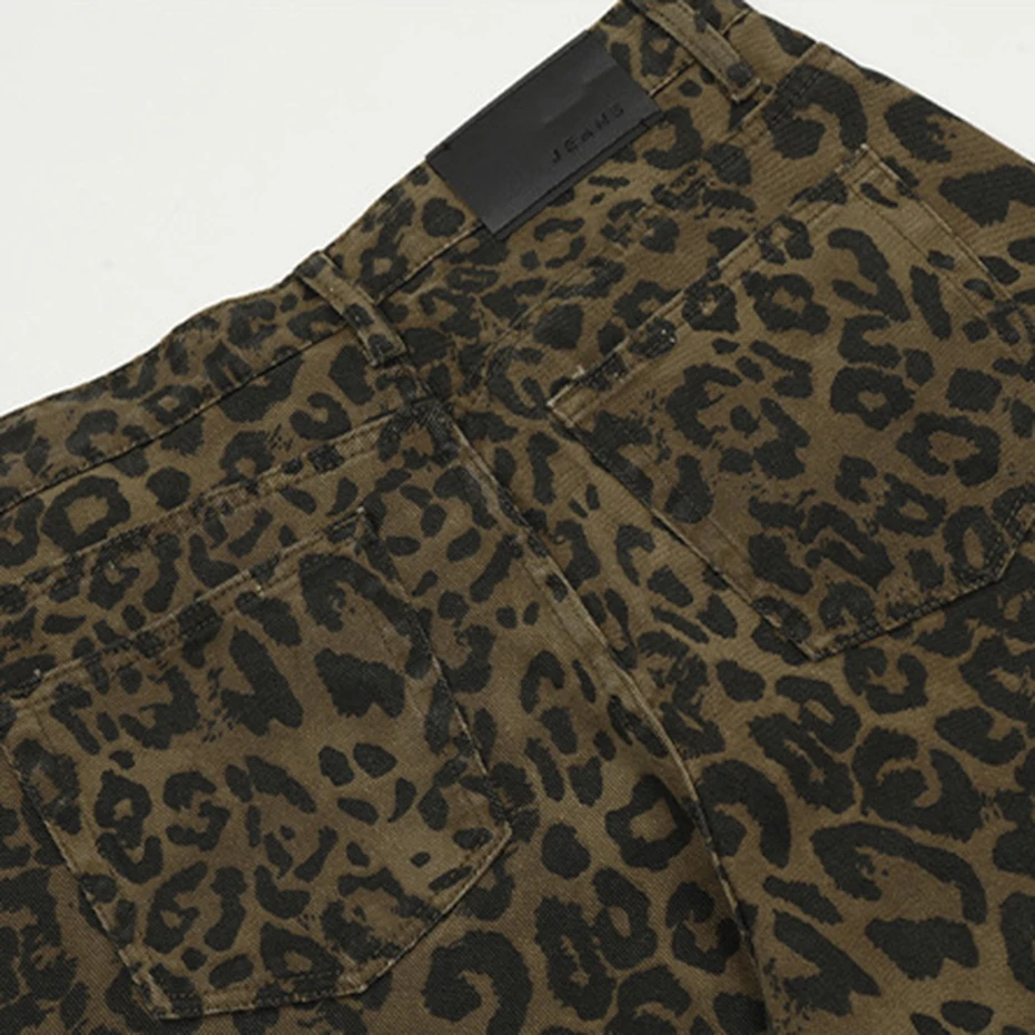 Leopard Denim Shorts Men Vintage Loose Jeans Shorts Summer Streetwear Hip Hop Leopard