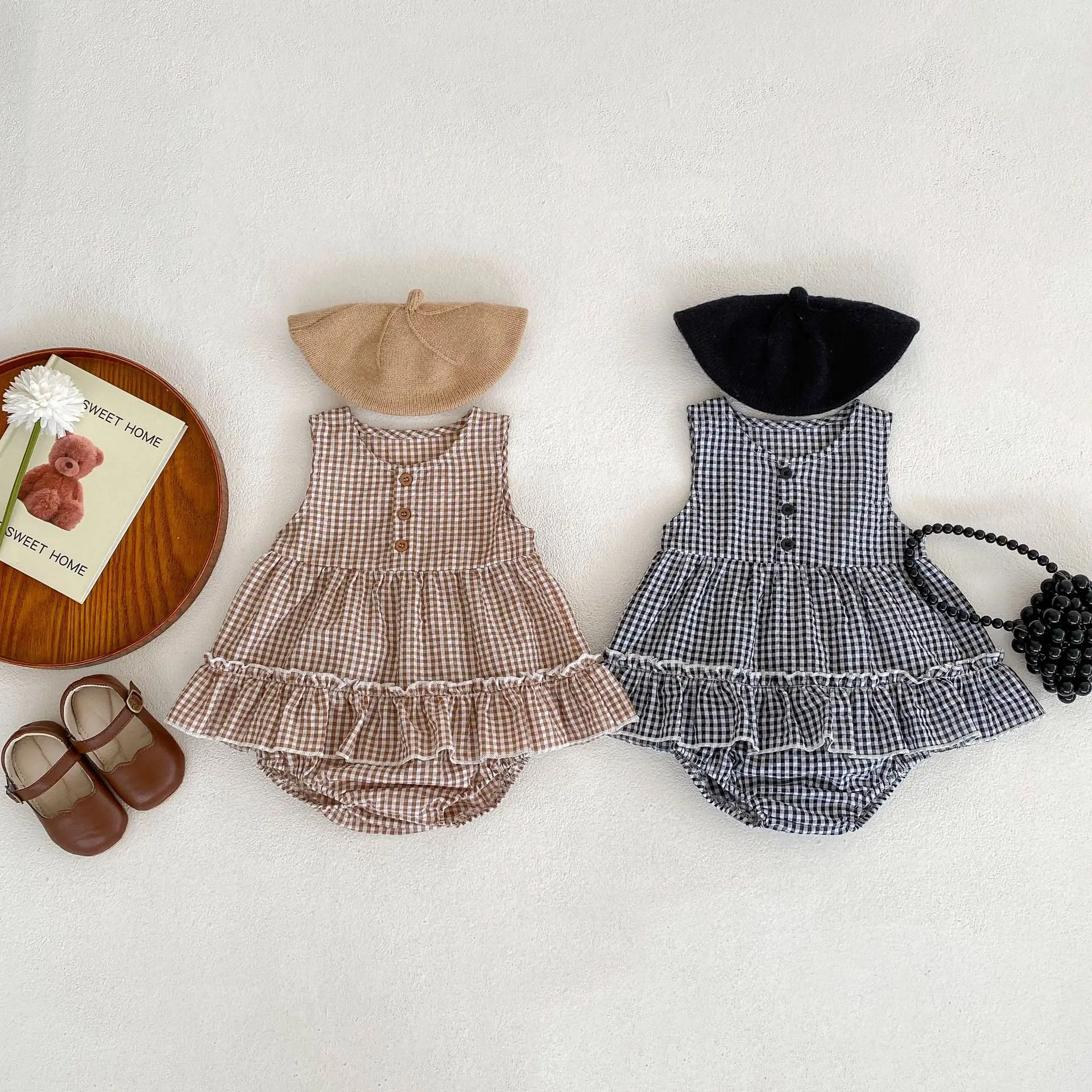 

0-3 Year Summer Newborn Girls 2PCS Sleeveless Lattice Bubble Fashion Round Neck Infant Girl Tops Loose Baby Girl Triangle Shorts