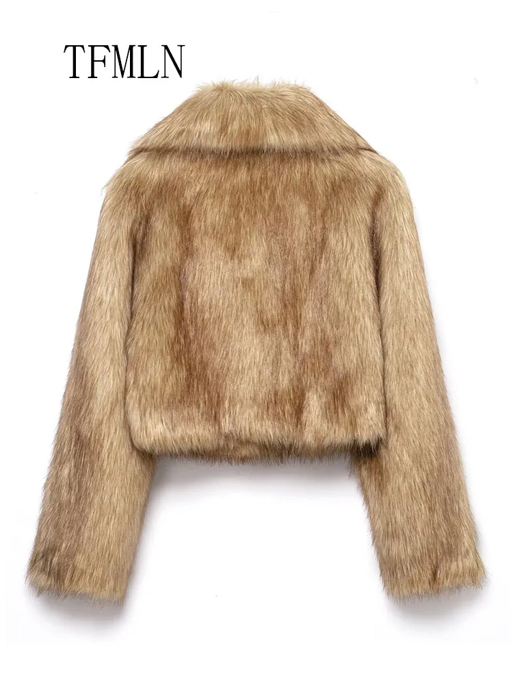 Vintage Women Faux Fur Cropped Coats 2025 Autumn Winter Causal Notched Long Sleeve Chic Jackets Retro High Street Solid Outwear