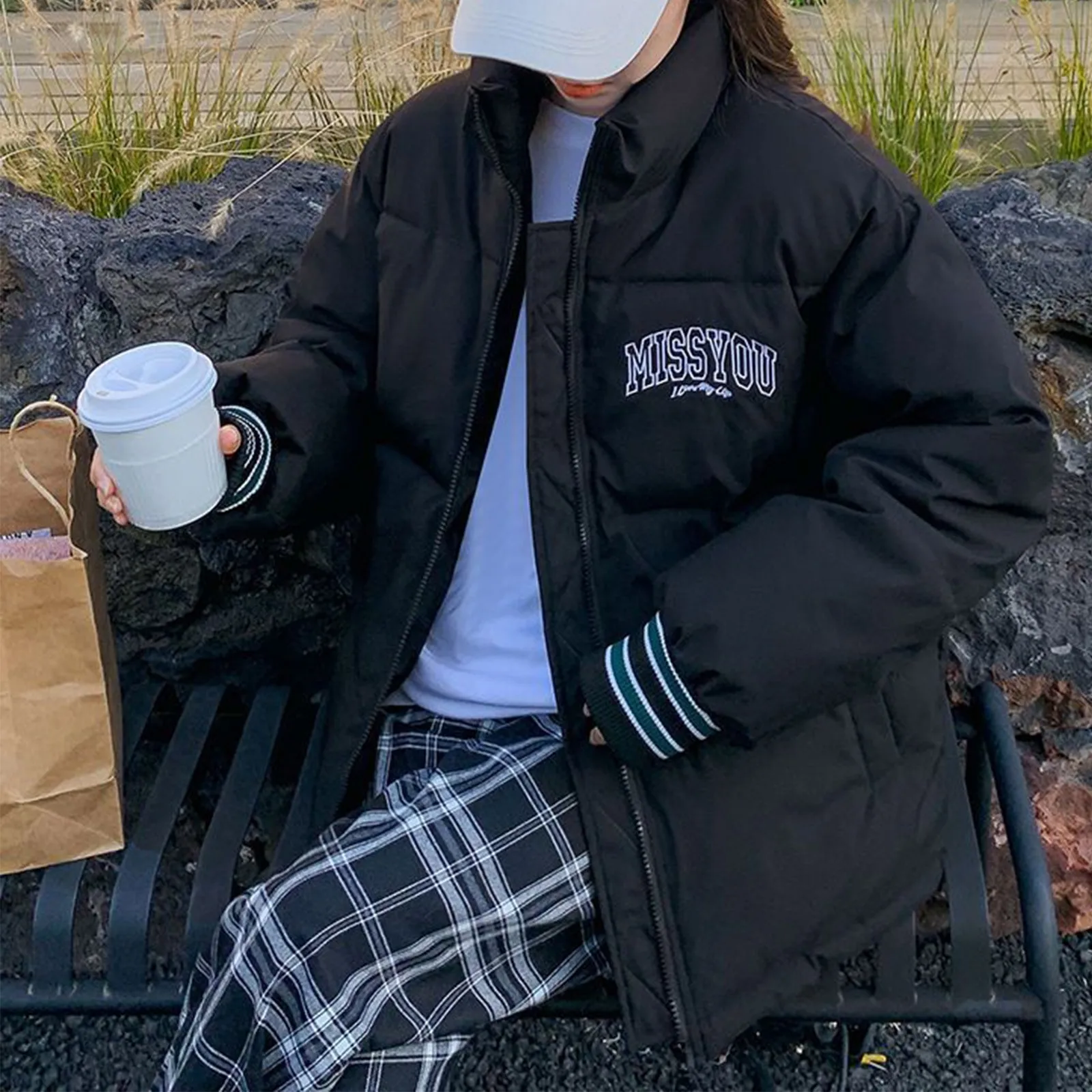 

Winter Thick Warm Outwear Embroidered Simple Solid Women Jacket Unisex Men Bread Coat Street Casual Standing Neck Loose Coat