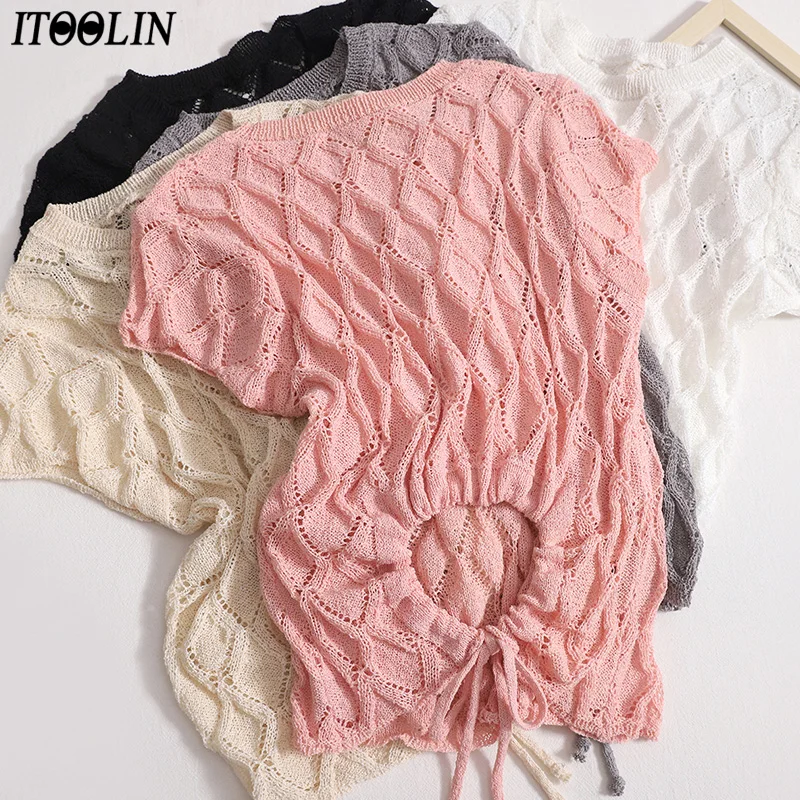 

ITOOLIN Women Sexy Backless Hollow Out Knitted Tops Chic For Women Slim Solid T-shirt O-Neck Short Sleeve Casual T-shirt Summer