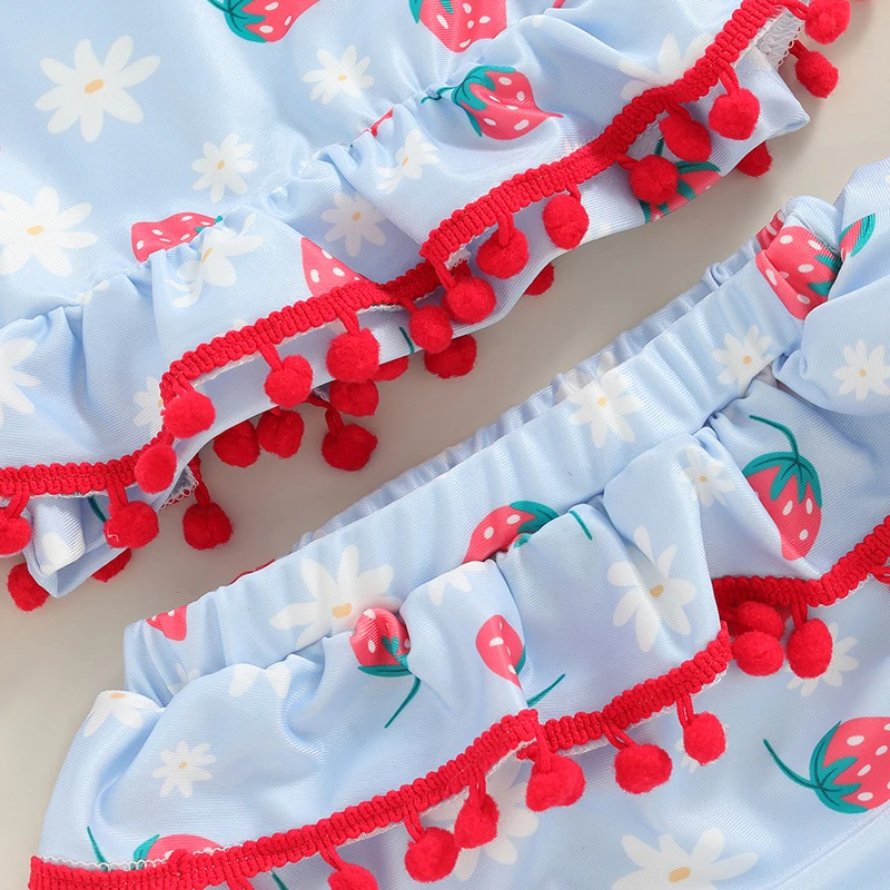 

Летний комплект бикини для девочек, майка с принтом клубники, с шортами и повязкой на голову, купальный костюм