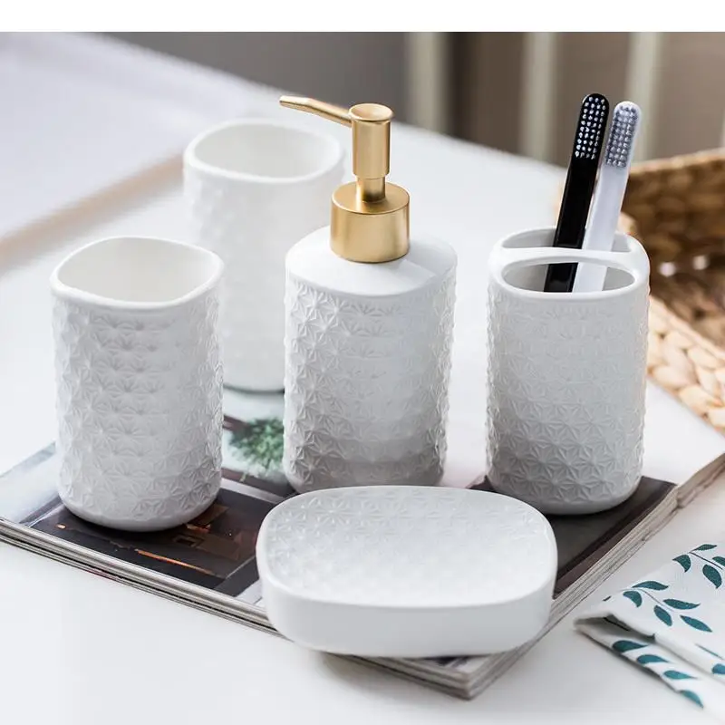 

White Ceramic Bathroom Five Piece Set Wash Set Bathroom Supplies Toiletries Mouth Cup Toothbrush Holder Lotion Bottle Soap Dish