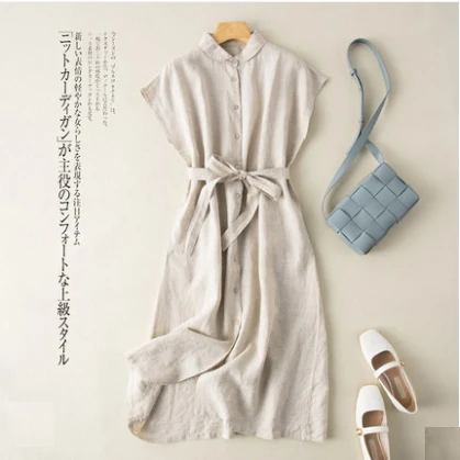 Summer New Cotton Linen Dr Slimming Youthful Artistic Midi Loose Thin Cotton Linen Dr for Women in Their 20s
