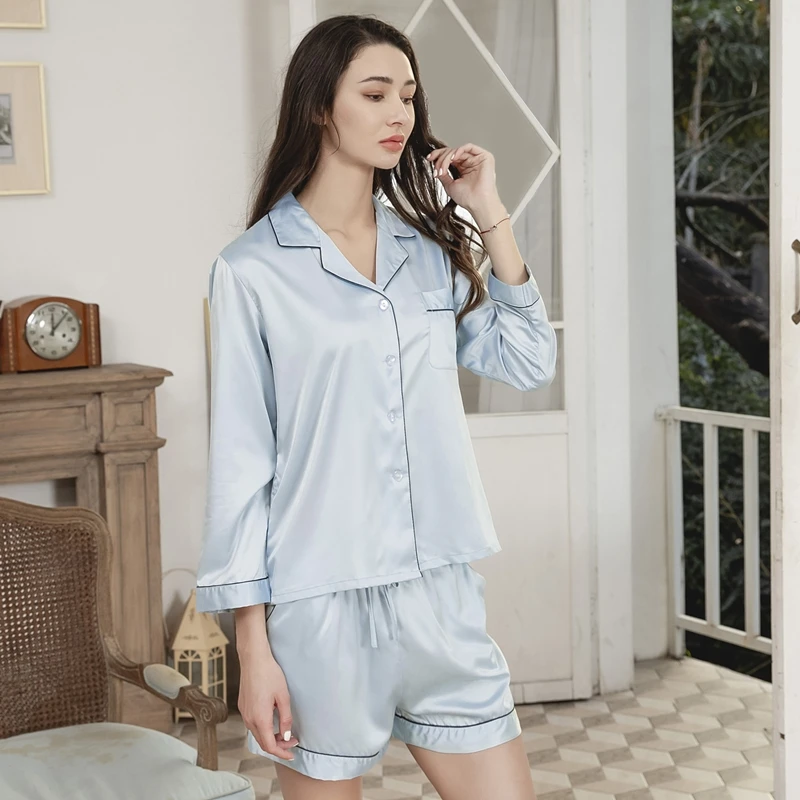 Women Silk Pajama Sets Long Sleeve with Shorts Womens Ladies Satin Pijamas Set Silky Summer Lounge Wear Pajamas matte satin long pyjamas set silky summer lounge wear ladies pajamas pyjamas silk pajamas 2020 new sleepwear womens pajama set