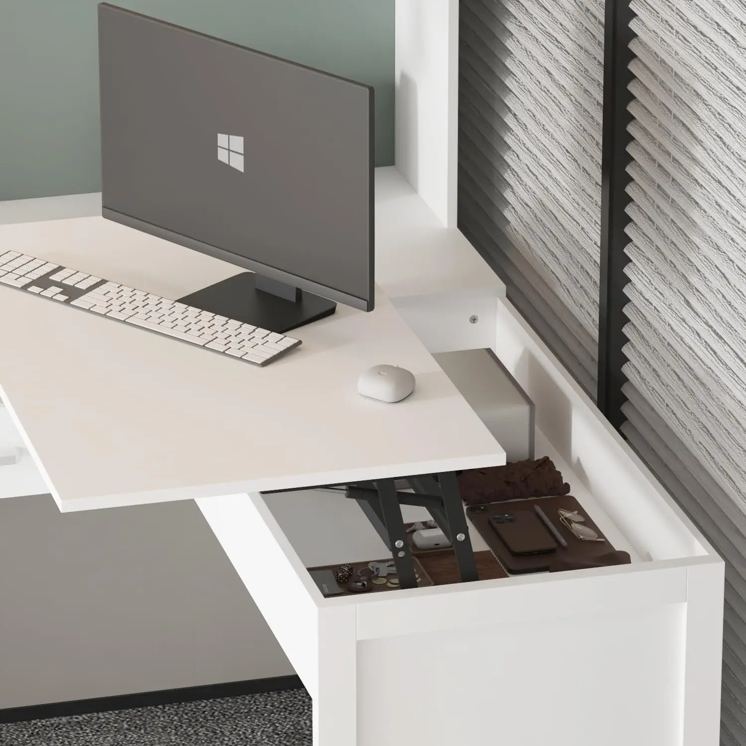 L-Shape Office Desk with Height Adjustable Top, Computer Desk with Drawers and Shelves,Corner for Home Office Living Room, White 4