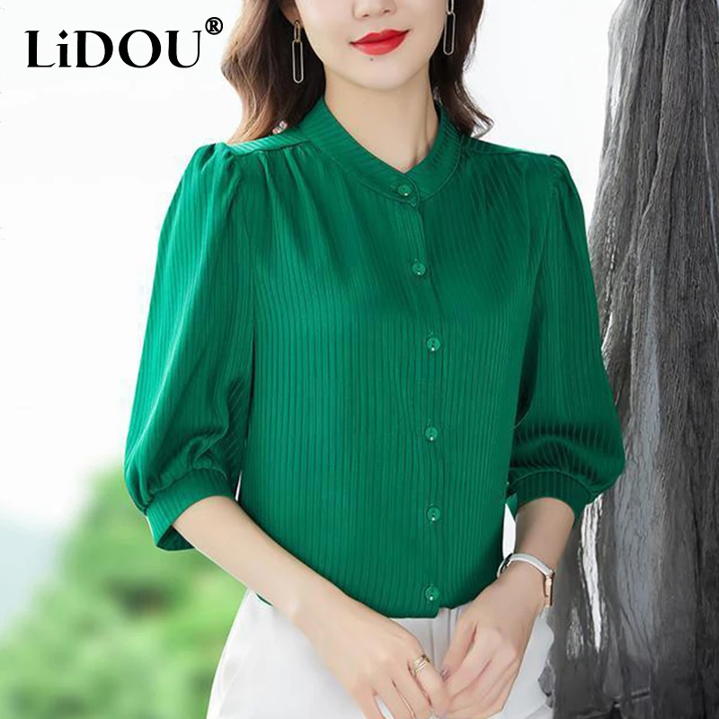 2022 Spring Autumn New Korean Casual Solid Blouses Office Lady Shirts Striped Puff Sleeves Round Neck Loose Top Women Clothing