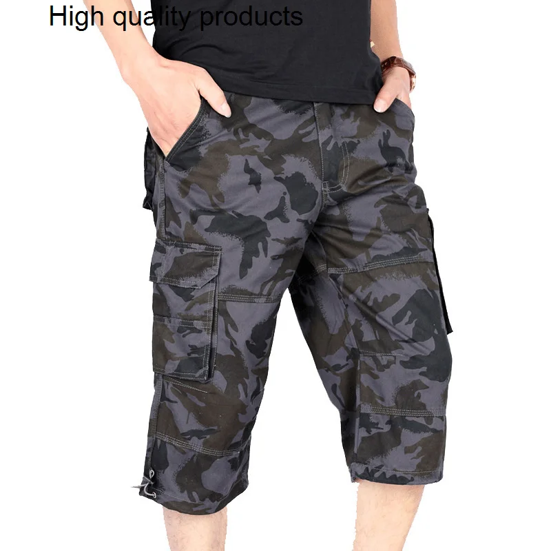 

Summer Camouflage Military Shorts Men Multi Pocket Casual Cotton Elastic Hot Breeches Cropped Trousers Long Length Cargo