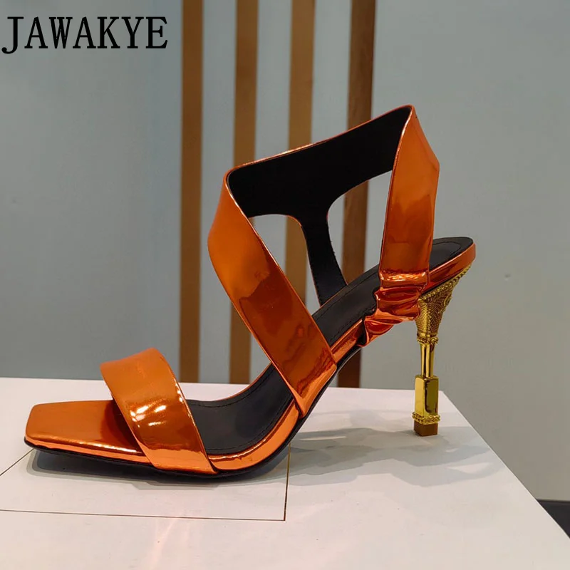 

Gold High Heel Brand New Sexy Dress Shoes Shiny Leather Cross Strap Summer Sandals Evening Party Shoes Women