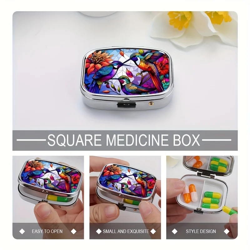 Three-color Small Hummingbird Medicine Box Two-compartment Portable Vitamin and Medicine Box Metal Travel Accessories