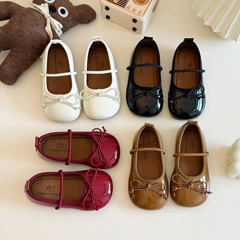 Girls Leather Shoes with Bow Anti Slip Soft Sole Round Toe PU Spring and Autumn Outdoor Casual Leather Shoessandalias De Mujer