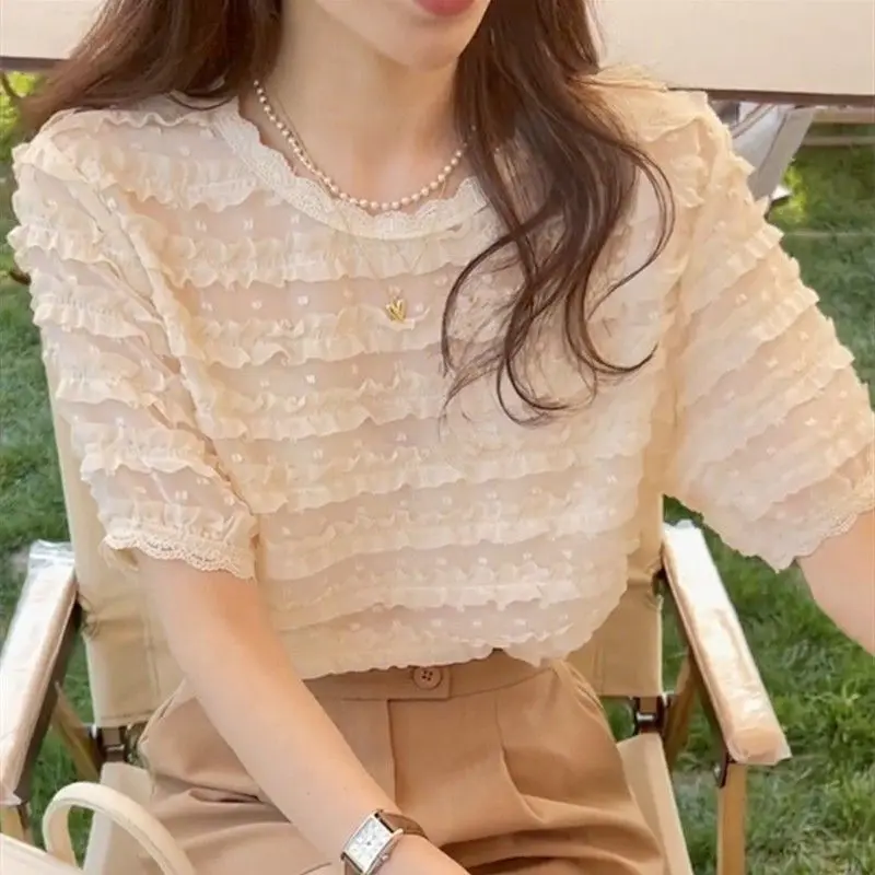 2023 Women Ruffle Lace Patchwork Design Blouses Summer Trendy Round Neck Short Sleeve White Shirts Casual Sweet Chic Tops Blusa