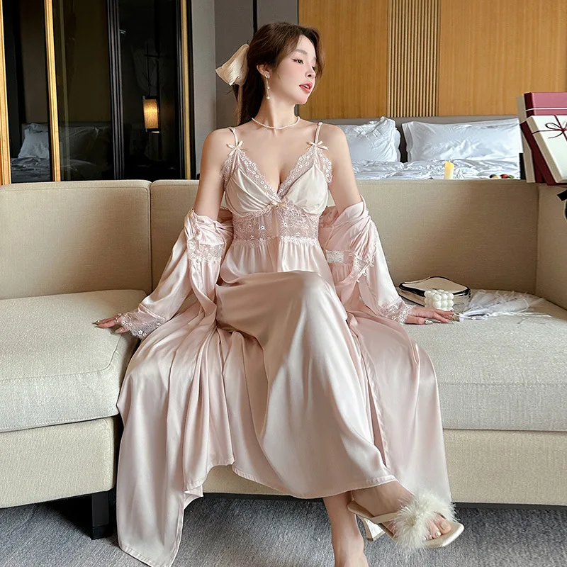 Female Sexy Lace Long Nighty&Robe Set Nightgown Spring Autumn Sleepwear Suspender Nightdress Intimate Lingerie Satin Homewear