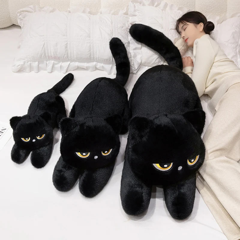 귀여운 반달 눈 모양 검은 고양이 봉제 인형, 누워있는 검은 고양이 베개, 어린이 게임 팬들을 위한 할로윈 크리스마스 생일 선물, 홈 데코