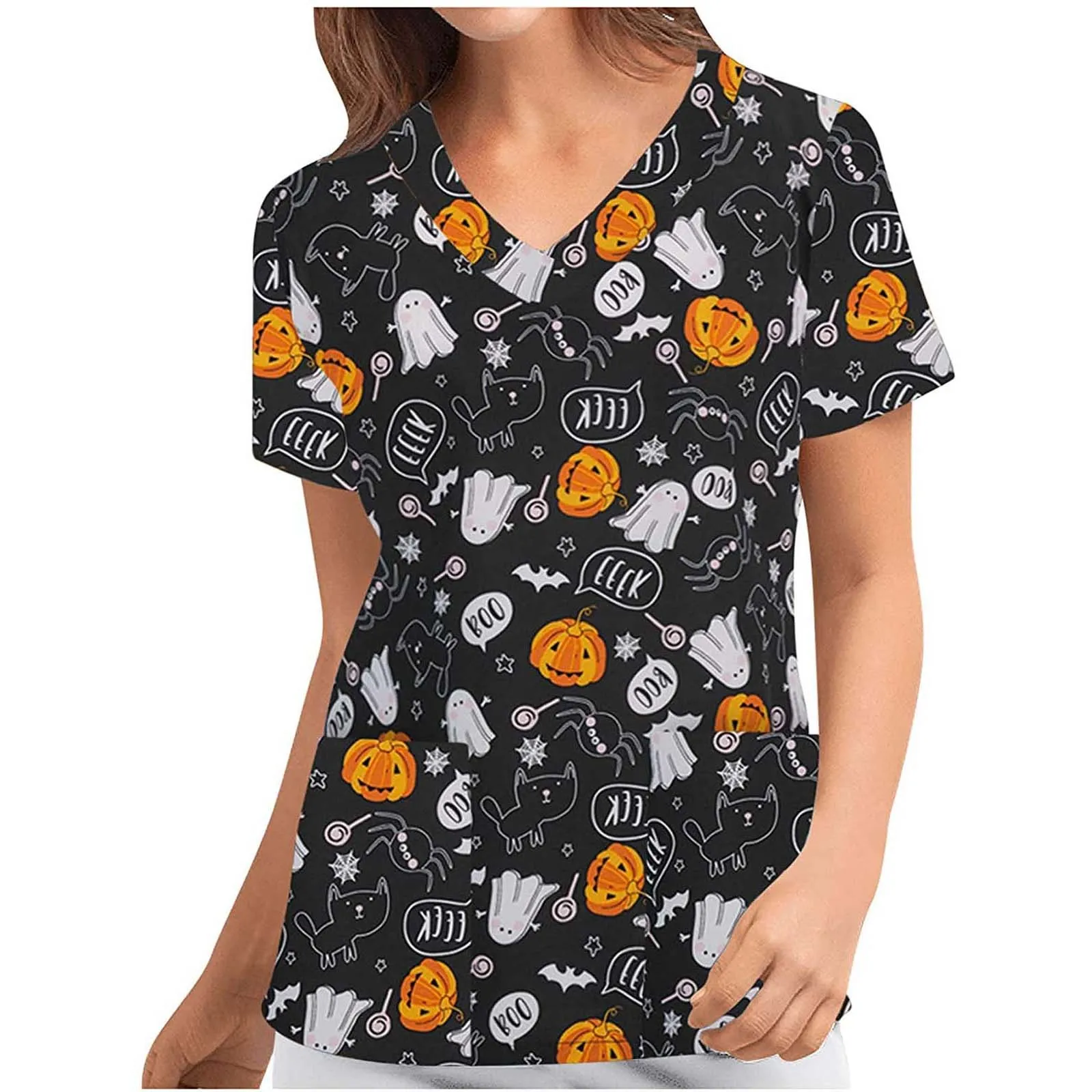 HalloweenNursingScrubsTopsWorkingUniformBlouseShortSleeveV