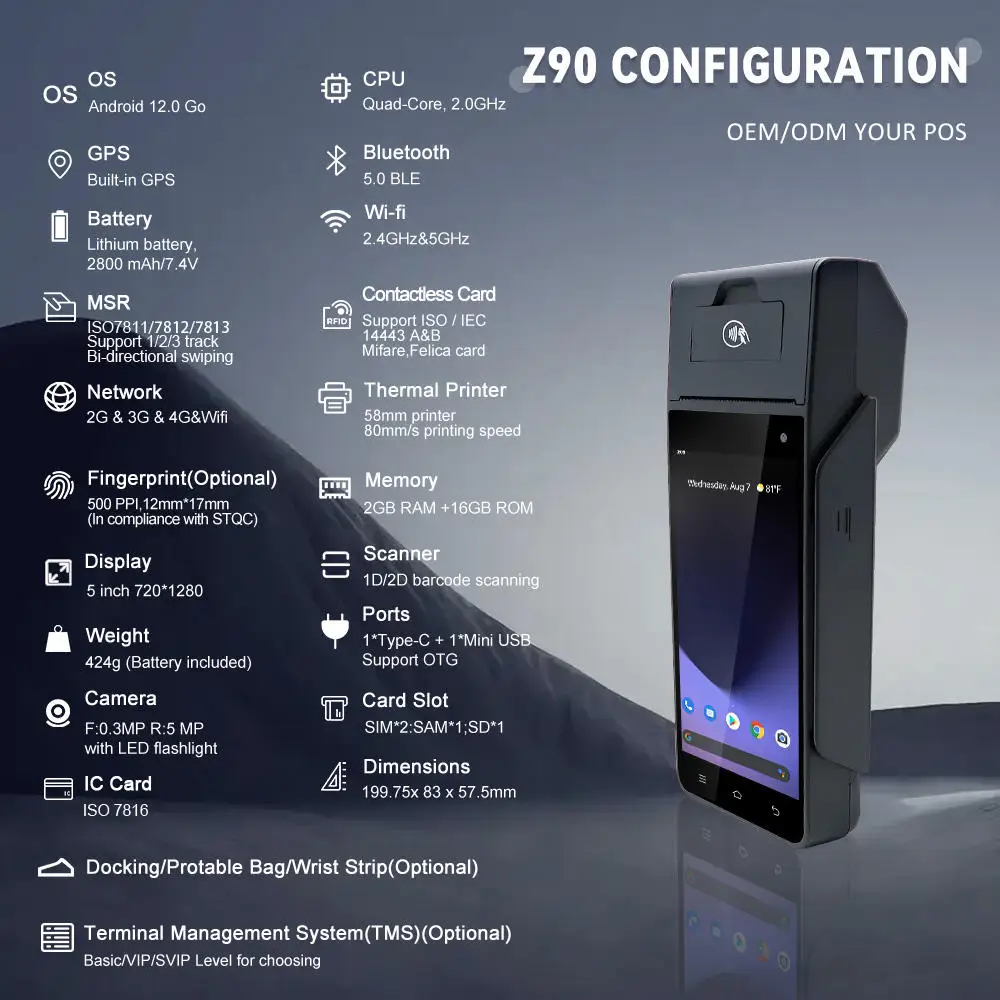 Z90 휴대용 안드로이드 POS 단말기 터치스크린 금전등록기 (4G WIFI GPS 스캐너 NFC 58mm 감열 프린터 포함) 사업용