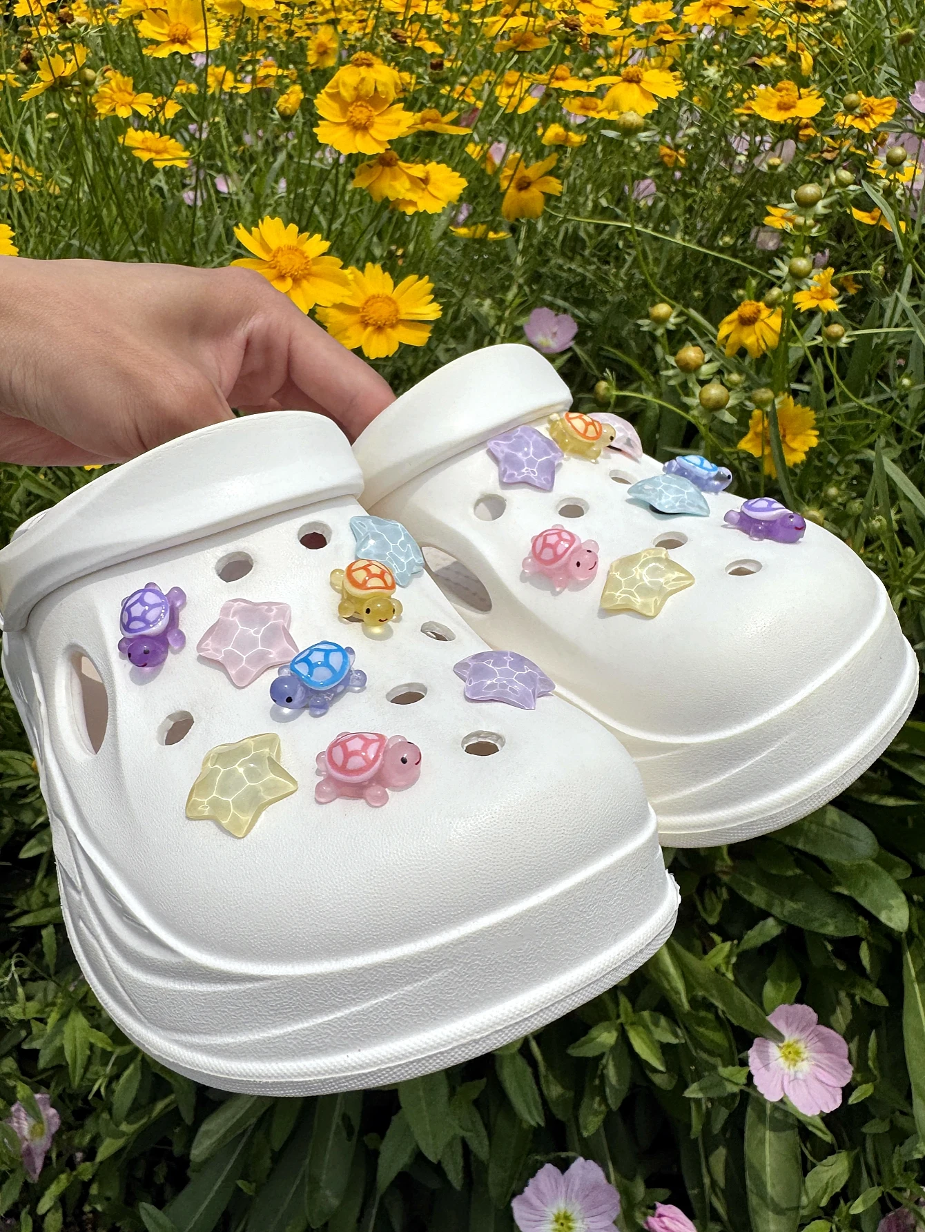 16 귀여운 여름 4 색 (작은 거북이, 물 리플 별) 신발 버클 DIY 장식, 구멍이 있고 샌들이있는 신발에 적합