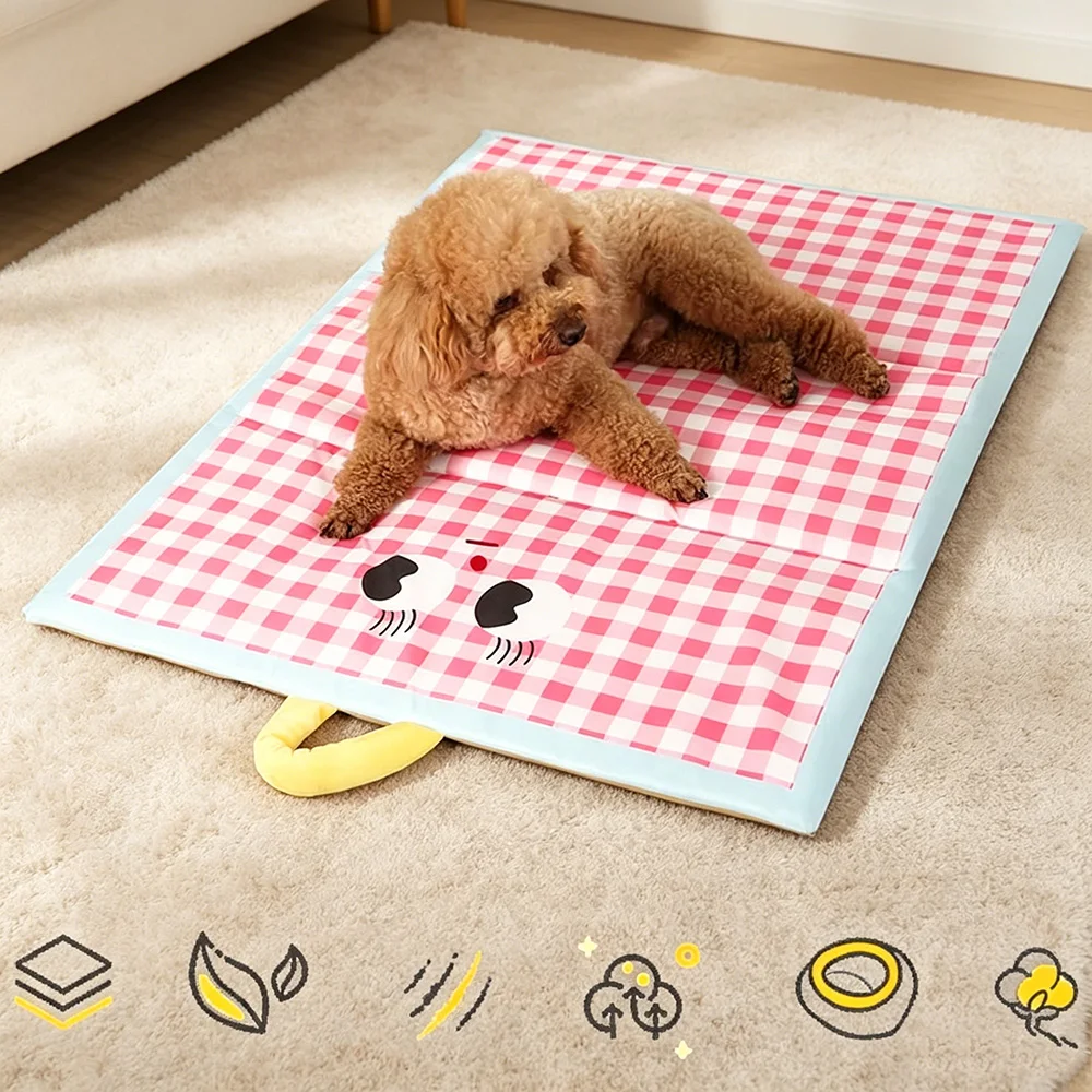 Summer Cooling Pet Bed Mat Breathable Ice Silk Pad For Small Medium Dogs Cats Cute Plaid Print Washable Non-slip Dog Bed Mats_voghion.com