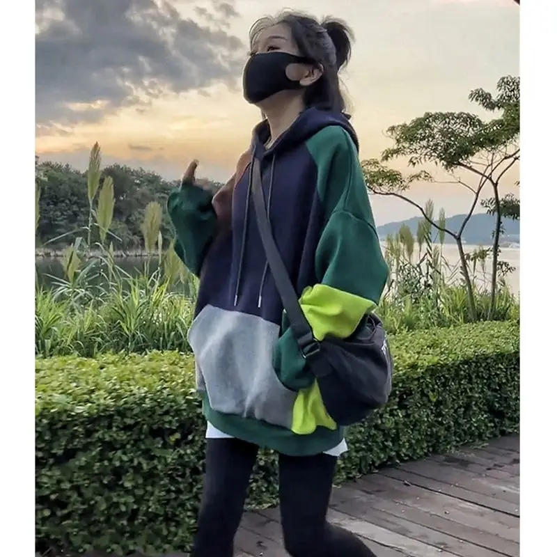 Fashion Spliced Pockets Color Lace Up Hoodies Sweatshirts Female Clothing 2023 Winter Loose Korean Tops Casual Warm Sweatshirts