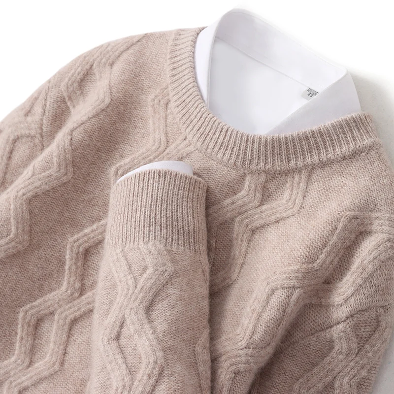 Autumn and winter new round neck thickened 100% sweater men's solid color wave loose pullover knitted bottoming shirt. 4