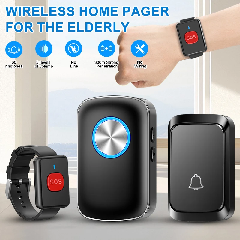 SOS Panic Call Button Smart Wireless Doorbell Watch Style Call Button Caregiver Pager Secure Alarm System For Patient Elderly