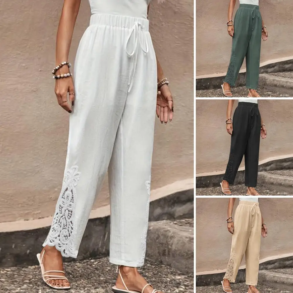 

Loose Pants Elegant Women's Wide Leg Trousers with Embroidery Lace Detailing Elastic Waistband Stylish Pants for Everyday Wear