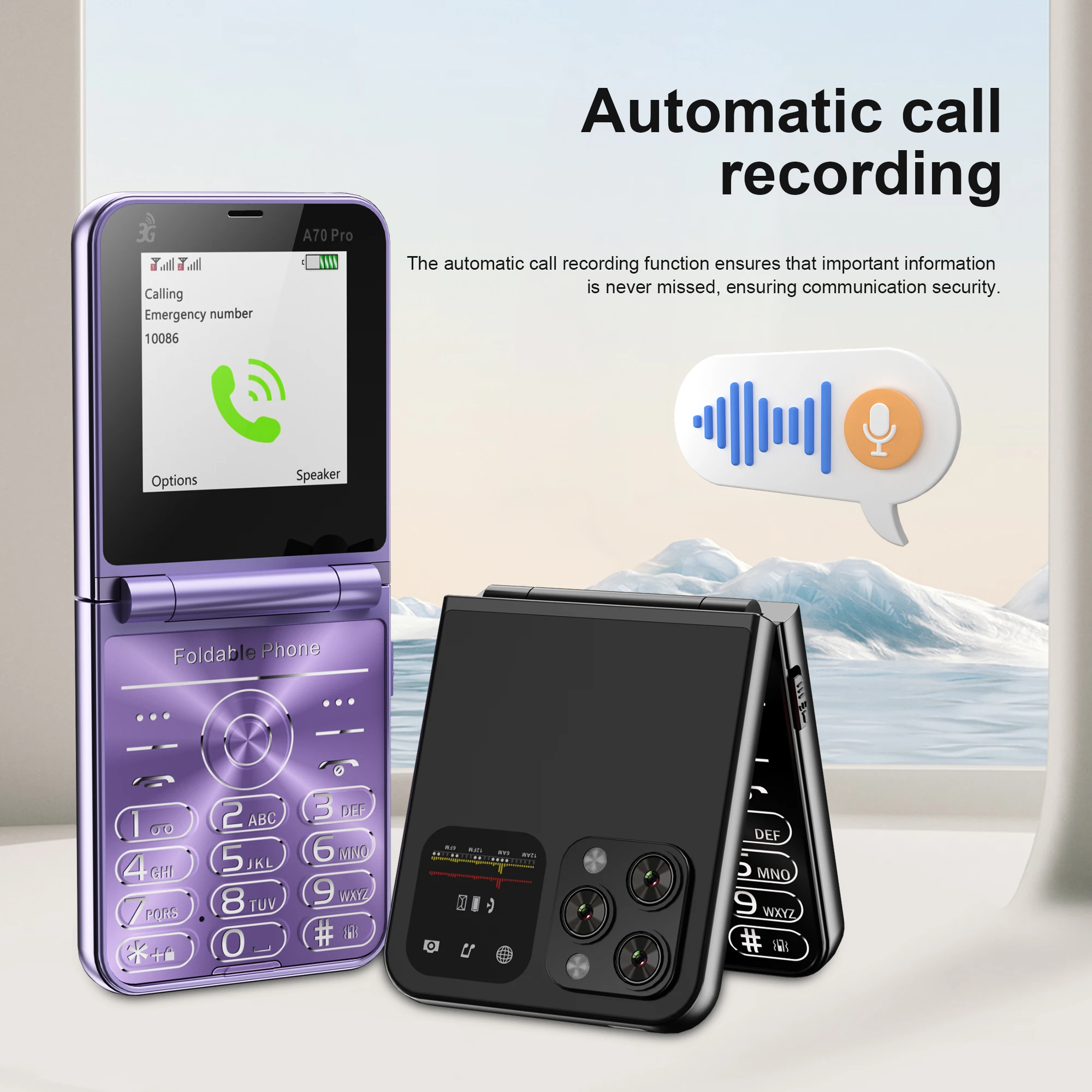 SERVO A70 PRO 180° Flip Mobile Phone 3G WCDMA Dual SIM Auto Call Record 2.6 inch HD Screen Flashlight Pocket Palm Phone TYPE-C 6