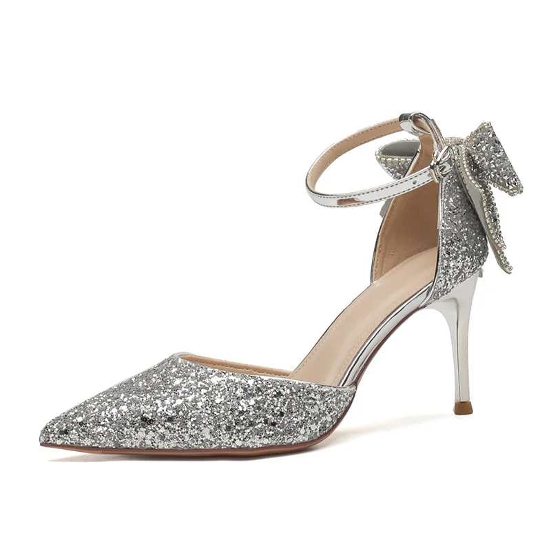 

Туфли-лодочки женские с блестками, Офисная деловая ткань, высокий тонкий каблук 6 см, заостренный носок, цвет серебристый, однотонные, лето