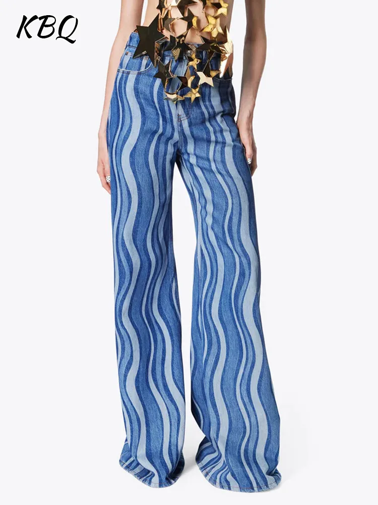 

KBQ Striped Prnting Denim Pants For Women High Waist Patchwork Pocket Loose Minimalist Hit Color Full Length Trousers Female New