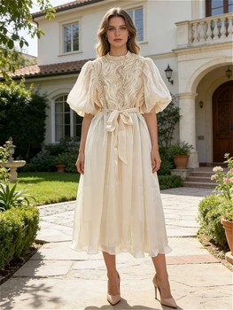 Modigirl 2026 Abito Midi Elegante da Donna, Vestito Casual Estivo da Donna con Maniche a Sbuffo, Vita Annodata e Volant, Outfit da Festa