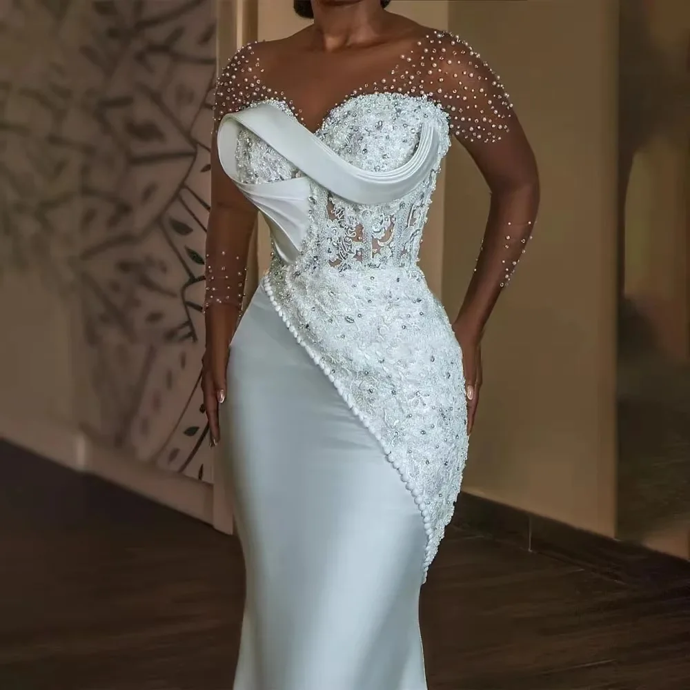 Fashionable African beauty sexy women's wedding dress white temperament long sleeved 2025 new slim fit fish tail birthday dress - 2