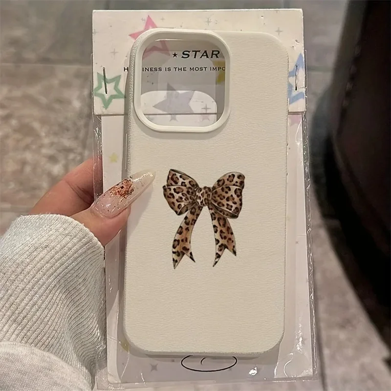 Leopard Print Stars Bow Lychee Texture Silicone Phone Case