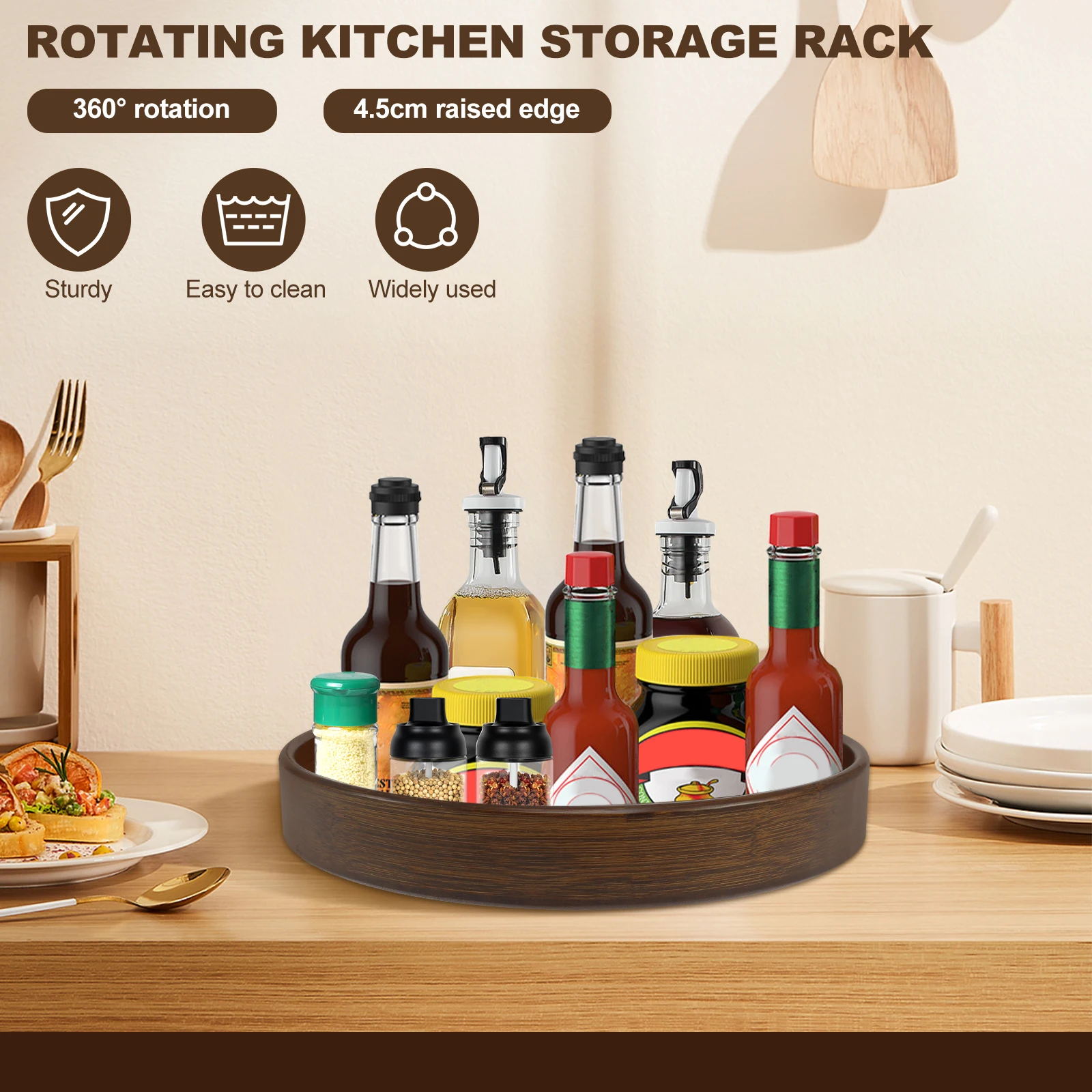 360 Rotating Wood Tray Seasoning Storage Rack Pantry Cabinet Turntable Lazy Susan Kitchen Spice Organizer Accessories