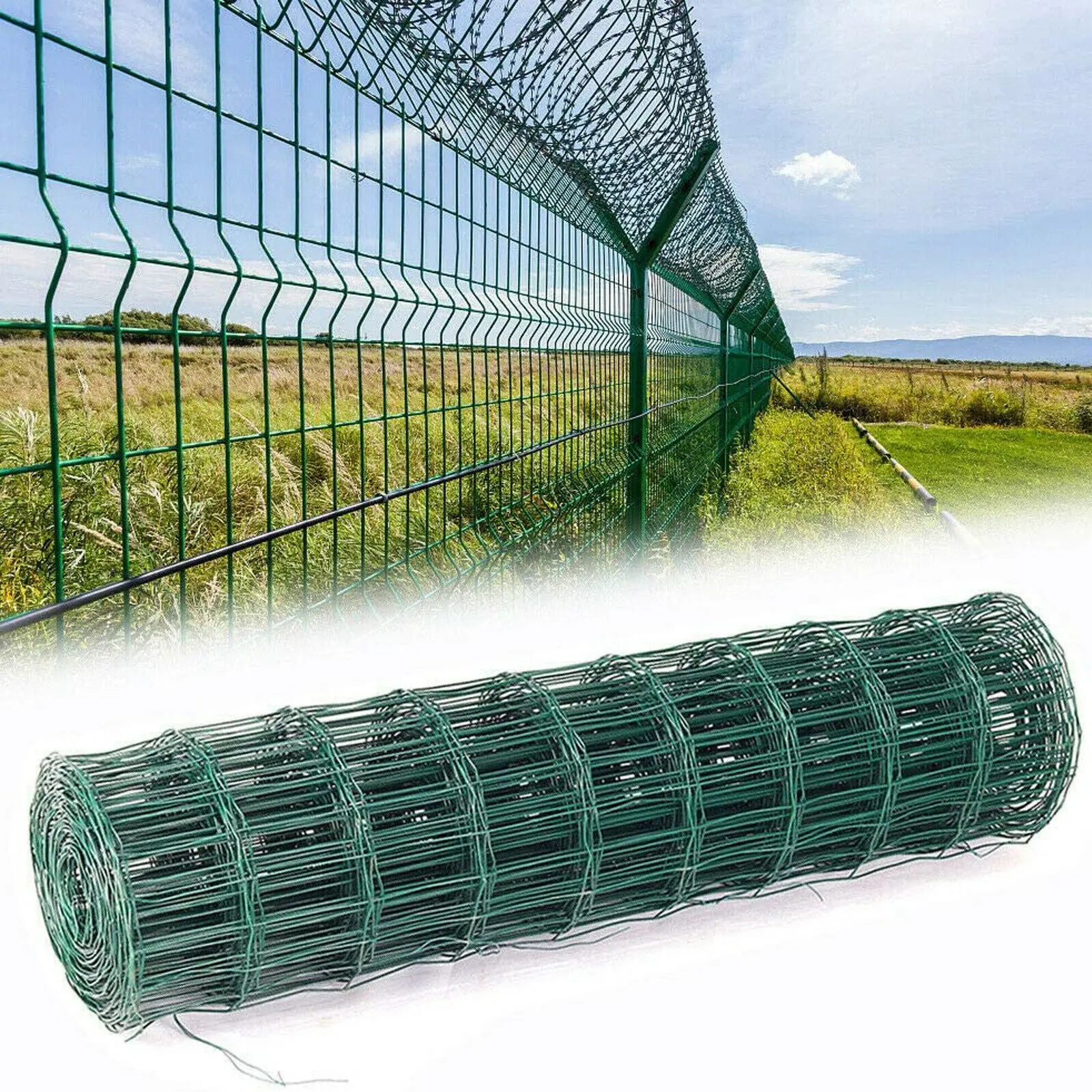 Green Wire Mesh Roll Green PVC Coated, 7.5cm x10cm Hole, 2mm Wire Thickness, for Window Guards Vegetable Crop Protection
